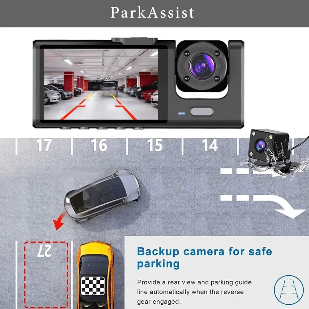 Three-Way DVR Dash Camera – Front, Rear &amp; Interior Car Recorder
