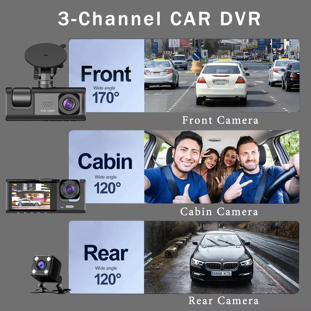 Three-Way DVR Dash Camera – Front, Rear &amp; Interior Car Recorder