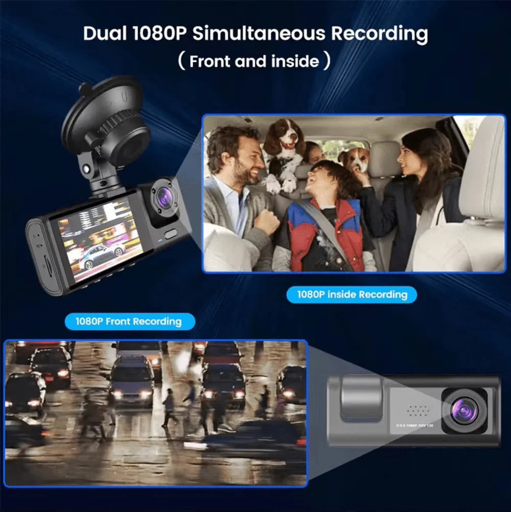 Three-Way DVR Dash Camera – Front, Rear &amp; Interior Car Recorder